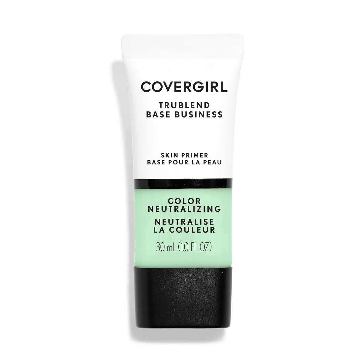 CoverGirl TruBlend primer bottle closeup highlights redness-neutralizing base for even skin tone
