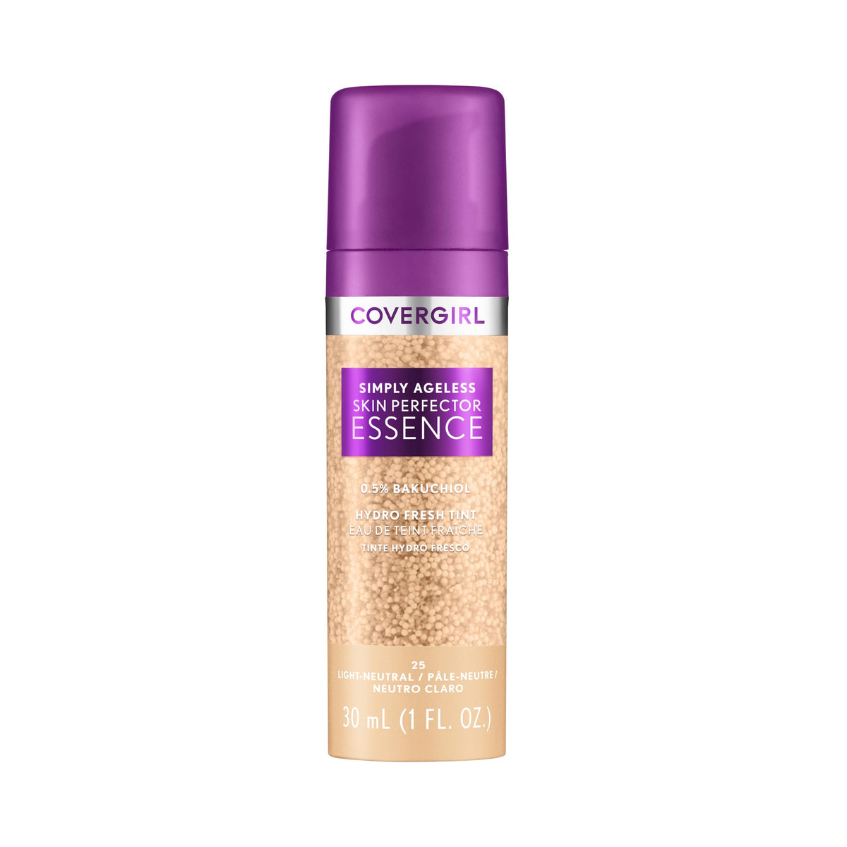 CoverGirl Simply Ageless bottle close-up highlighting hydrating gel texture for radiant skin