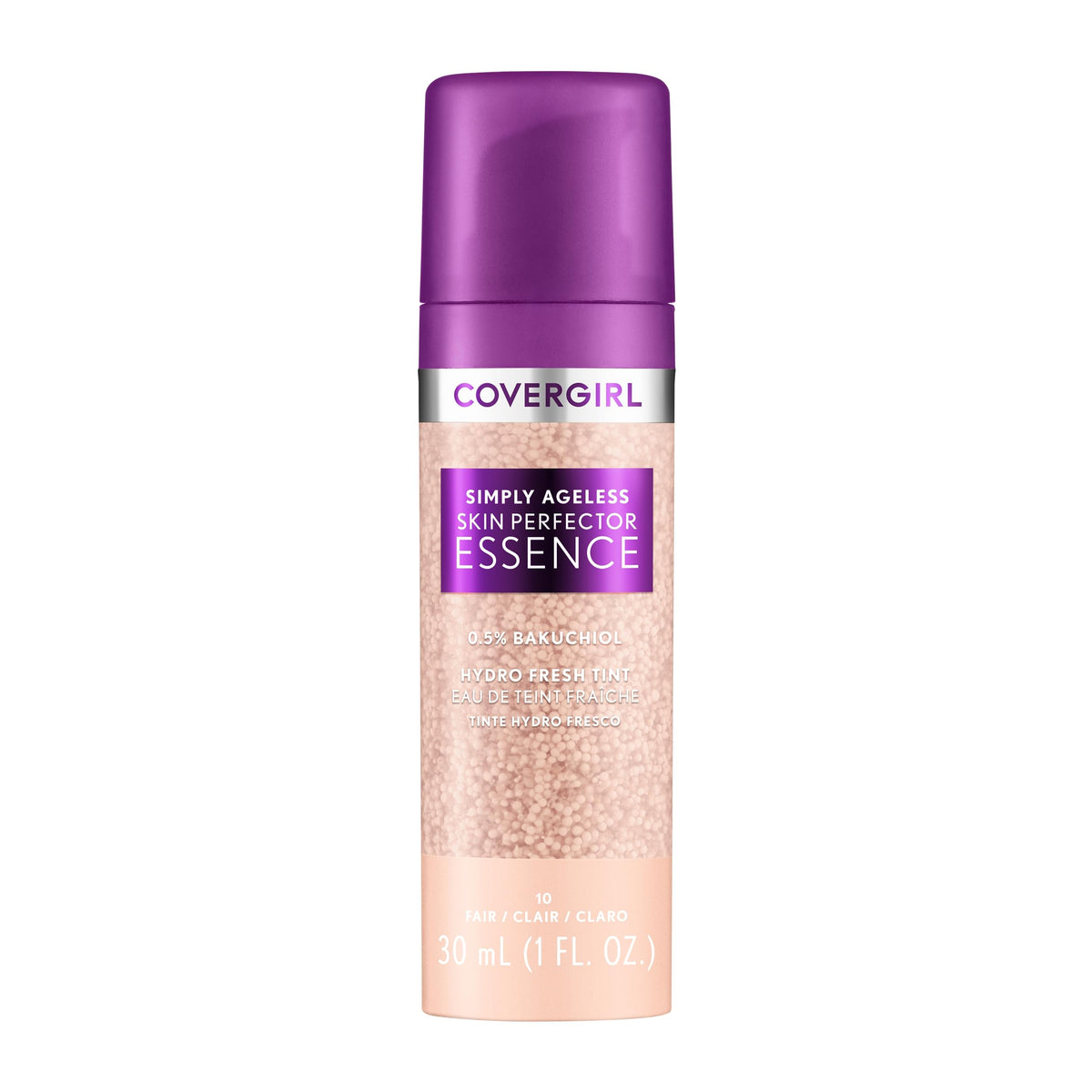 CoverGirl Simply Ageless bottle close-up shows sheer tint for a radiant bare-skin look.