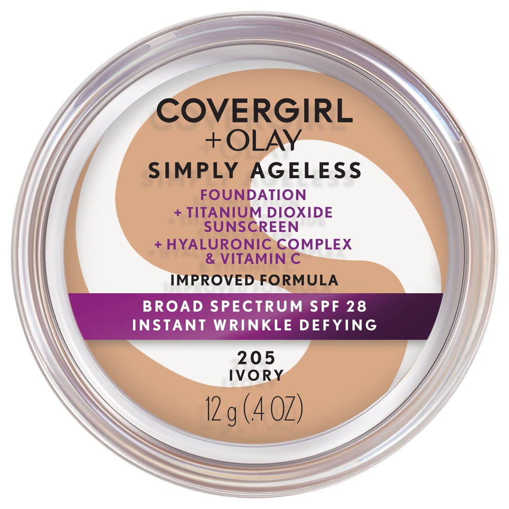 CoverGirl Simply Ageless bottle close-up highlighting SPF 28 anti aging foundation for sun protection
