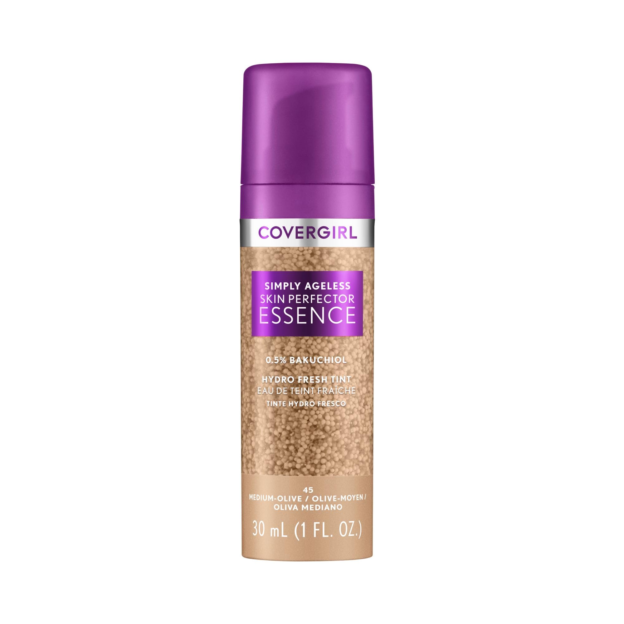 CoverGirl Simply Ageless bottle pump shows hydrating gel texture for moisture