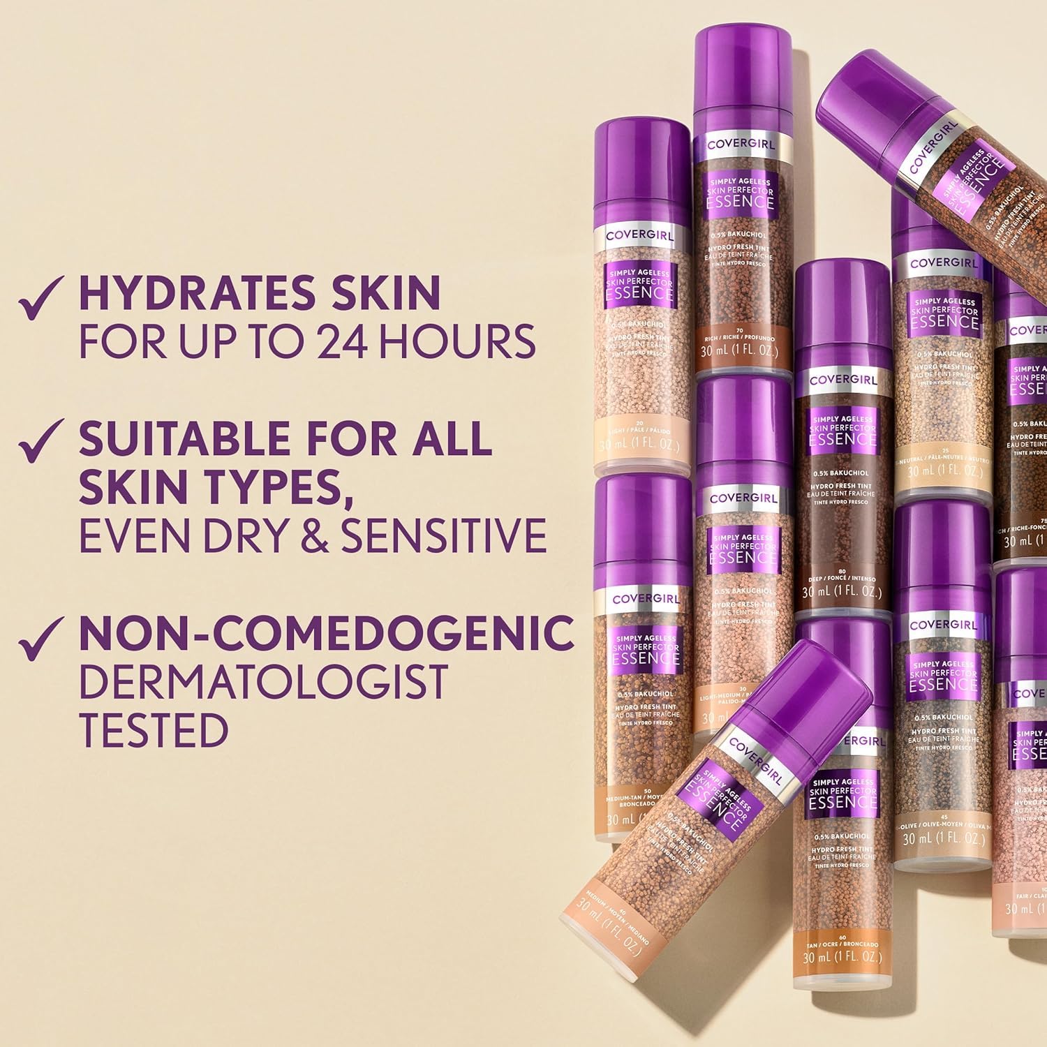Covergirl Simply Ageless hydration scene conveys 24-hour moisture in lightweight gel.