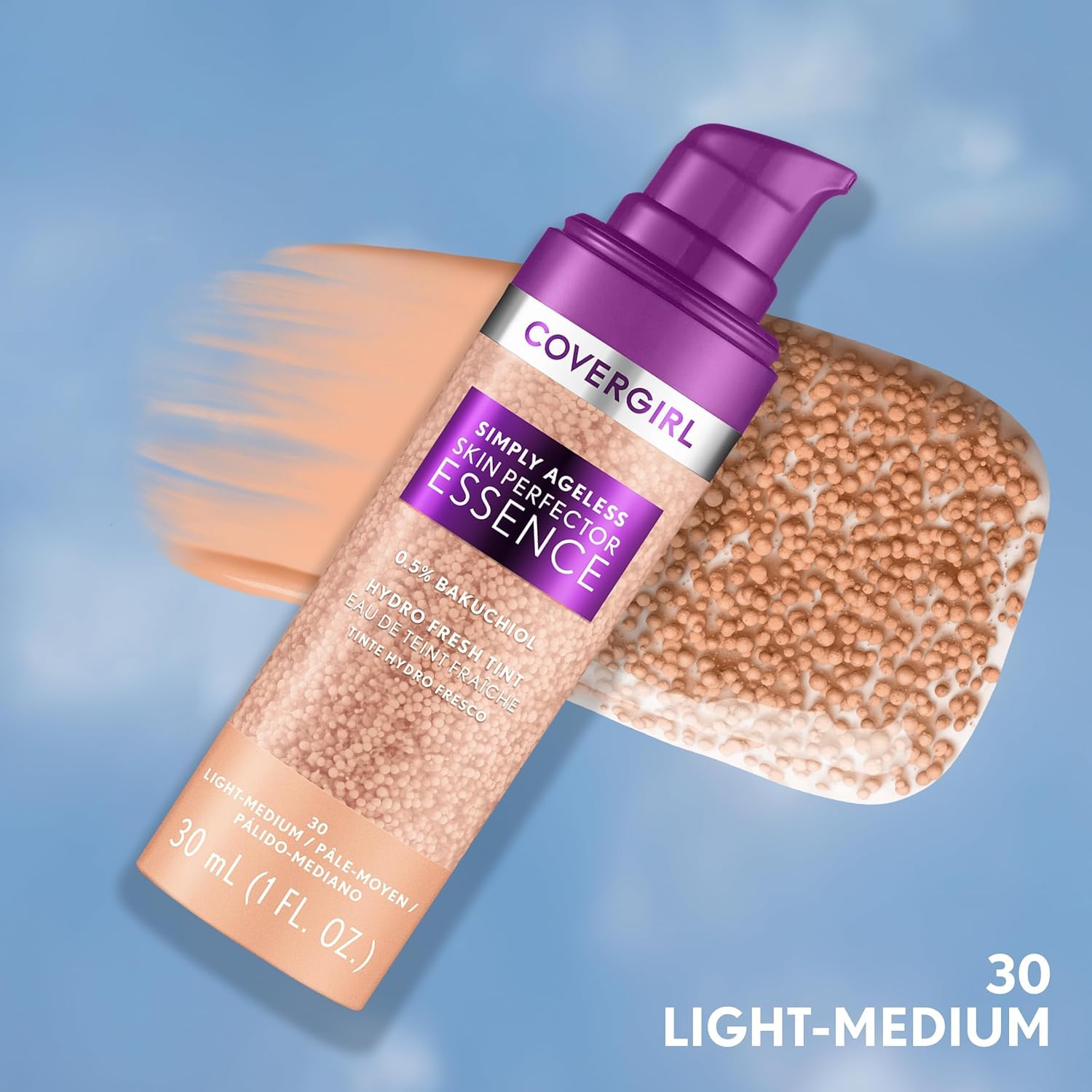 Covergirl Simply Ageless swirled microdroplets blend seamlessly for sheer, breathable coverage.
