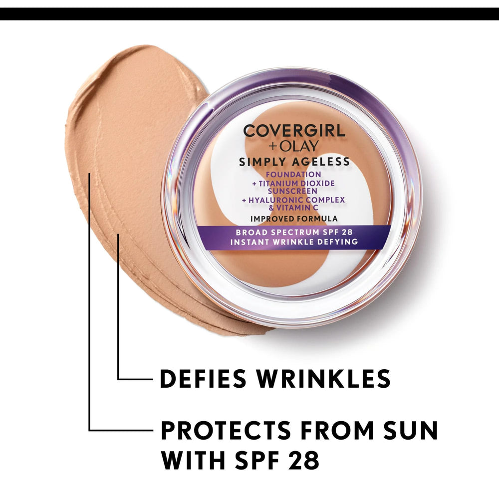 CoverGirl Simply Ageless 245 Warm Beige swatch shows natural match and glow.