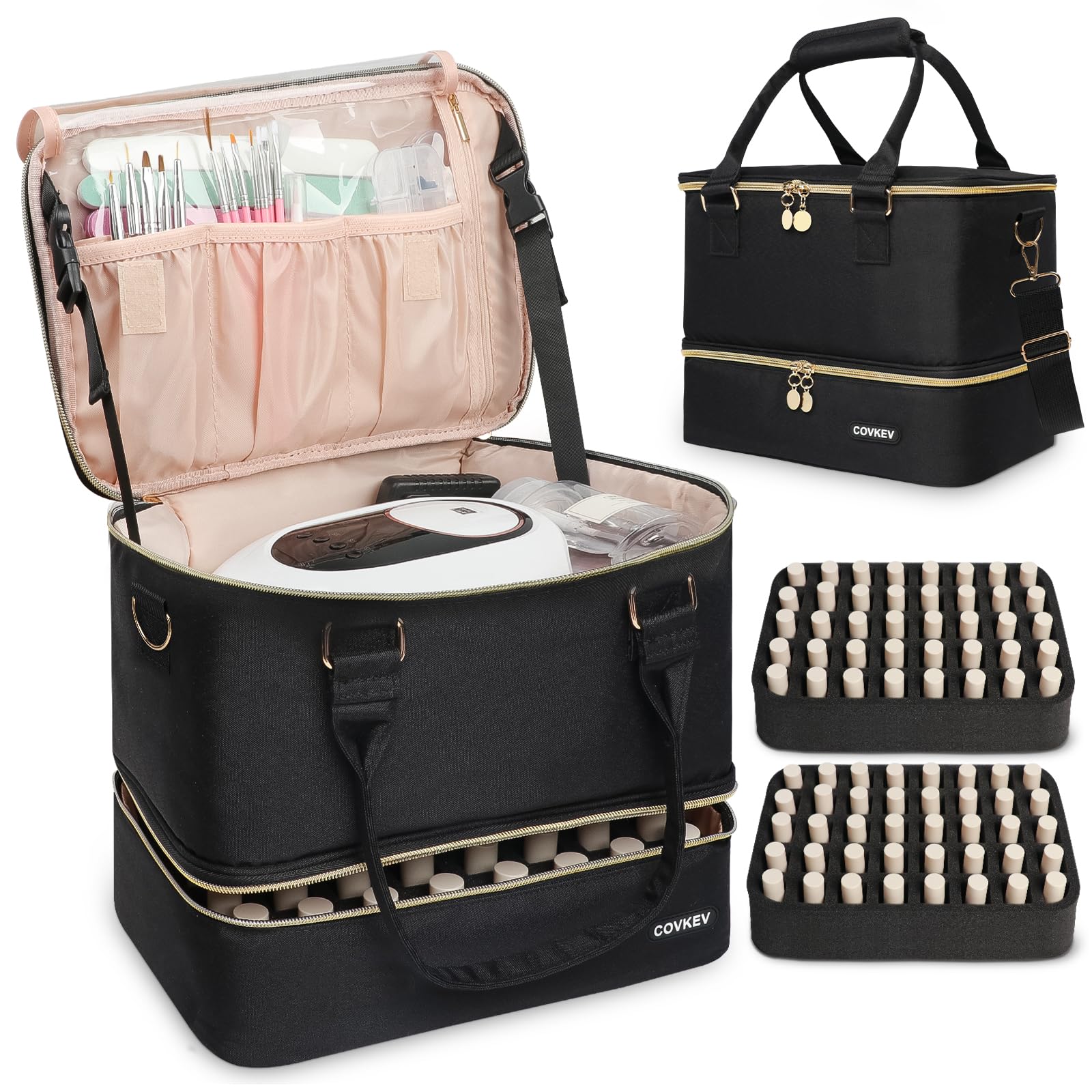 Covkev nail-polish-organizer-bag-front-view shows spacious bottle storage and accessible tool slots.
