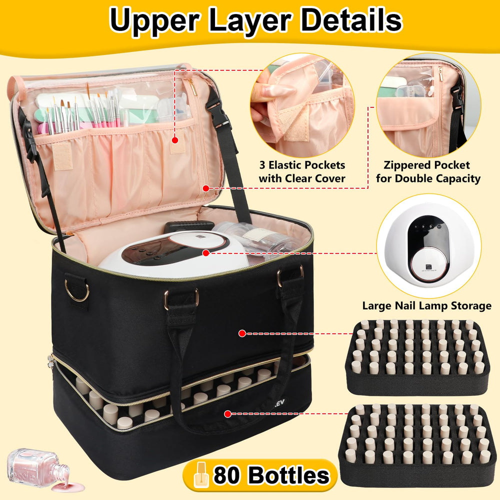 Covkev nail-polish-organizer-bag-top-layer-holders features dual storage and strap convenience.