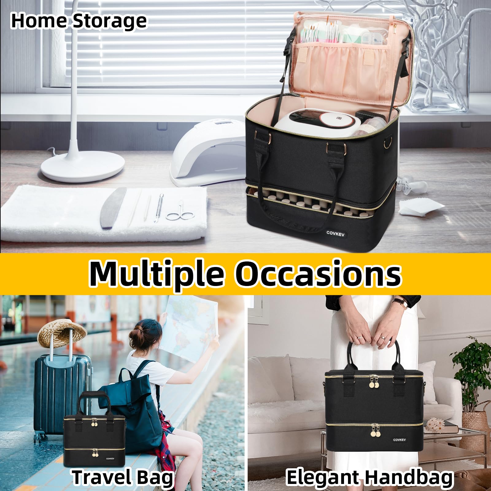 Covkev nail-polish-organizer-bag-travel-ready demonstrates quick packing and portability.