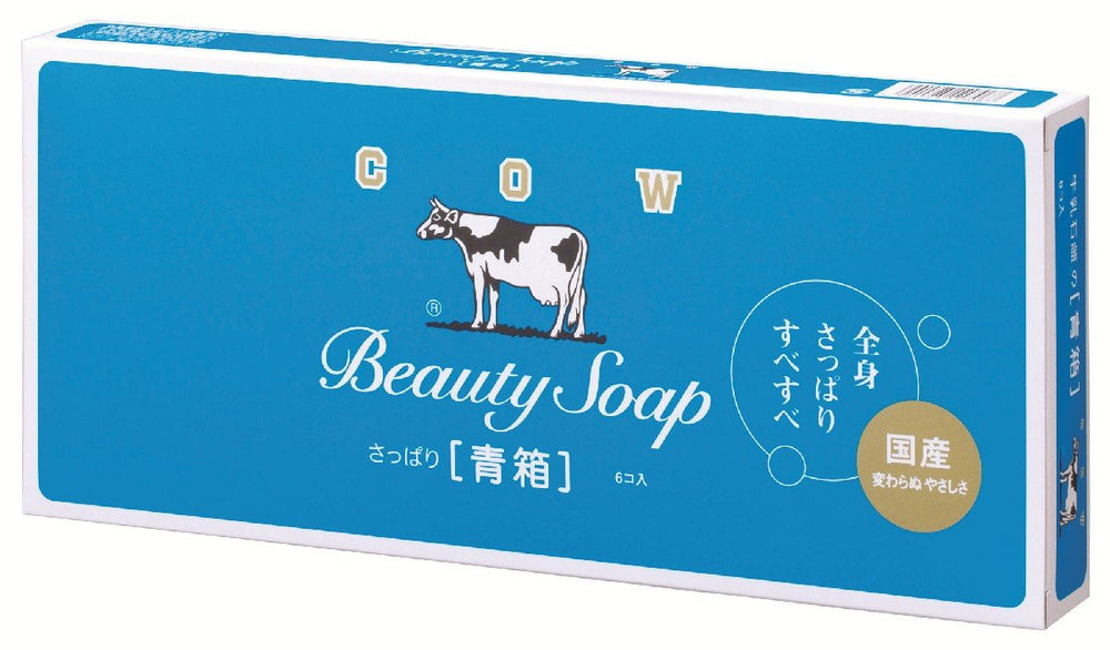Cow Brand Blue Box packaging showing six 85g soap bars for daily cleansing