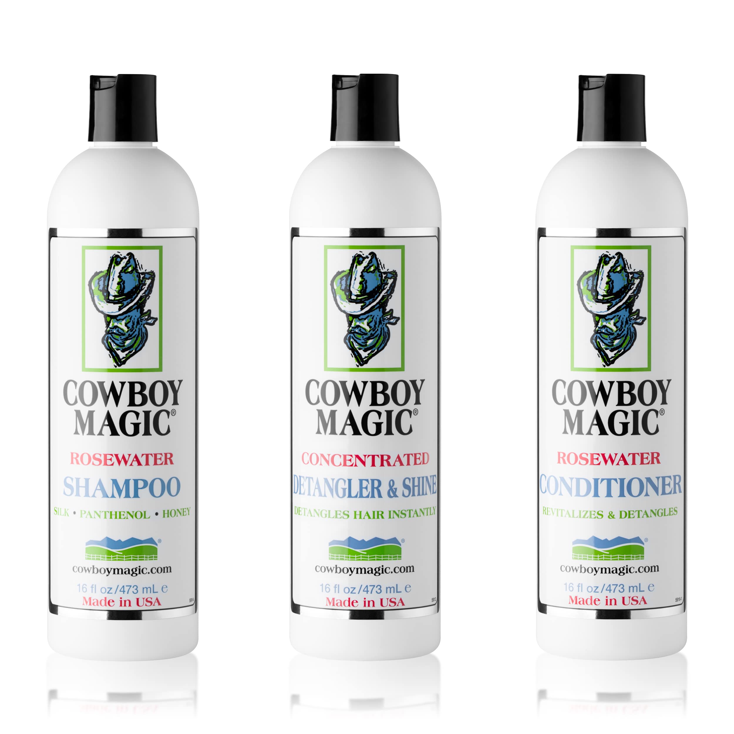 Cowboy Magic Shampoo bottle close-up highlighting silk and honey formula for silky coats.