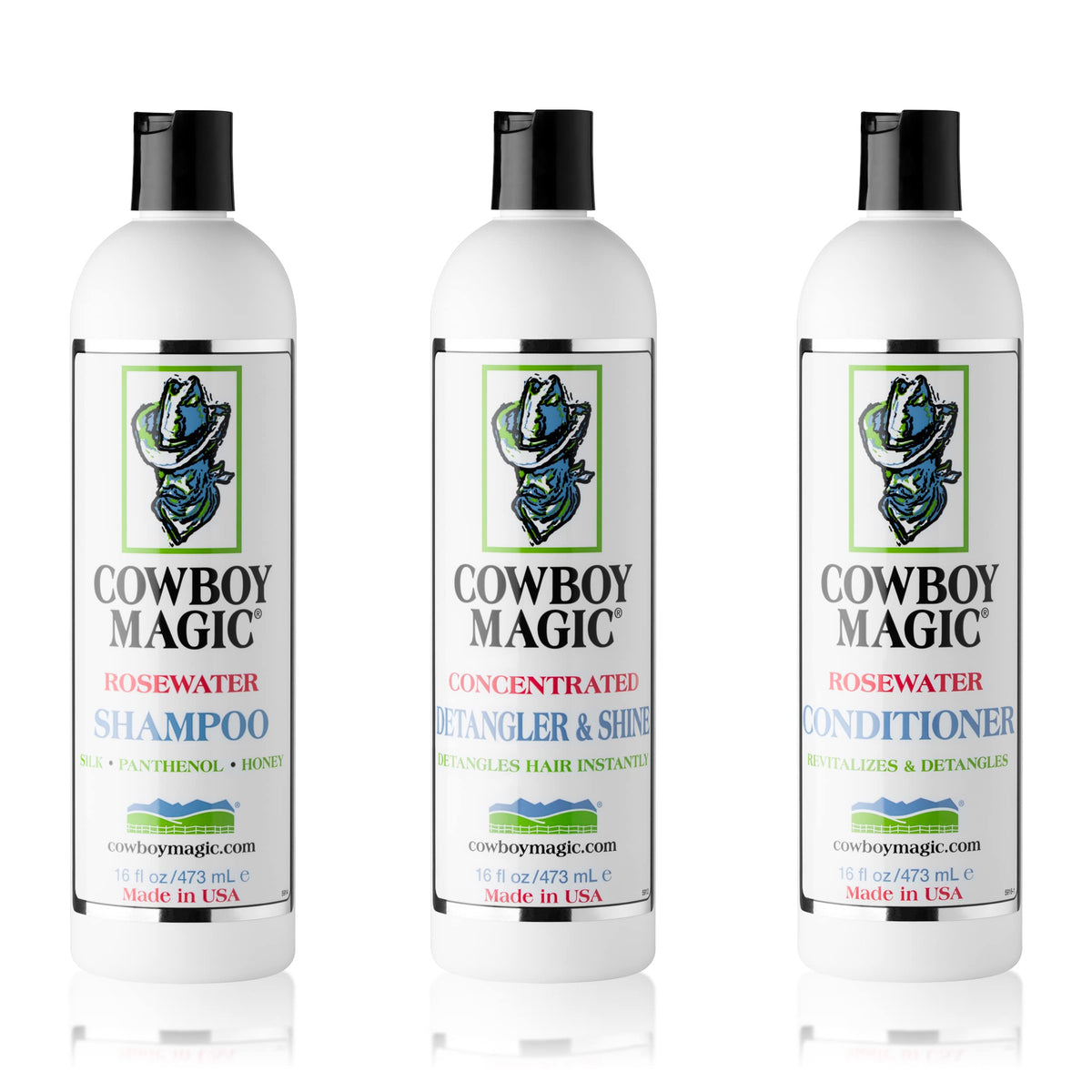Cowboy Magic Shampoo bottle close-up highlighting silk and honey formula for silky coats.