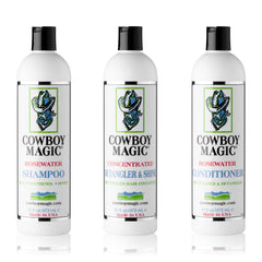Cowboy Magic Shampoo bottle close-up highlighting silk and honey formula for silky coats.