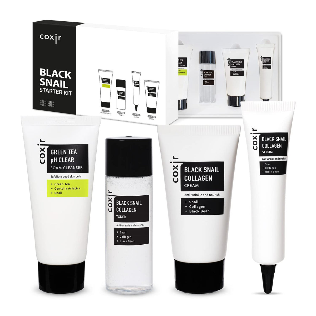 coxir Black Snail Cleanser foam bottle—gentle cleansing for refreshed skin.