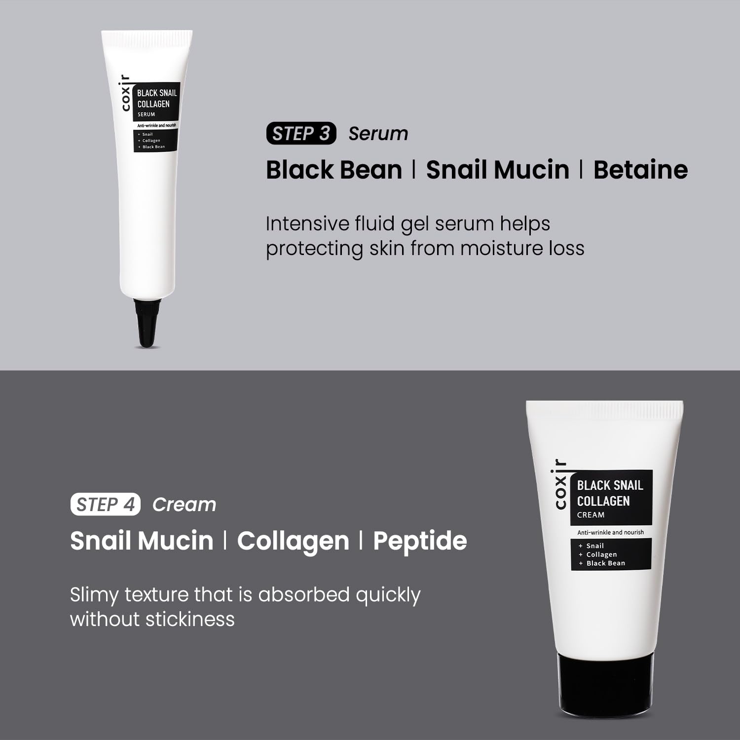 coxir Black Snail Mucin Filtrate image—snail secretion hydrates dry skin.