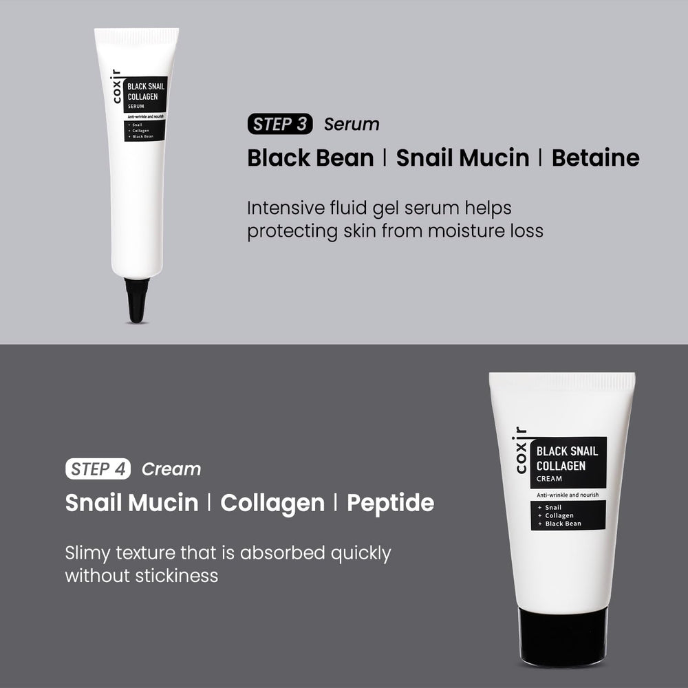coxir Black Snail Mucin Filtrate image—snail secretion hydrates dry skin.