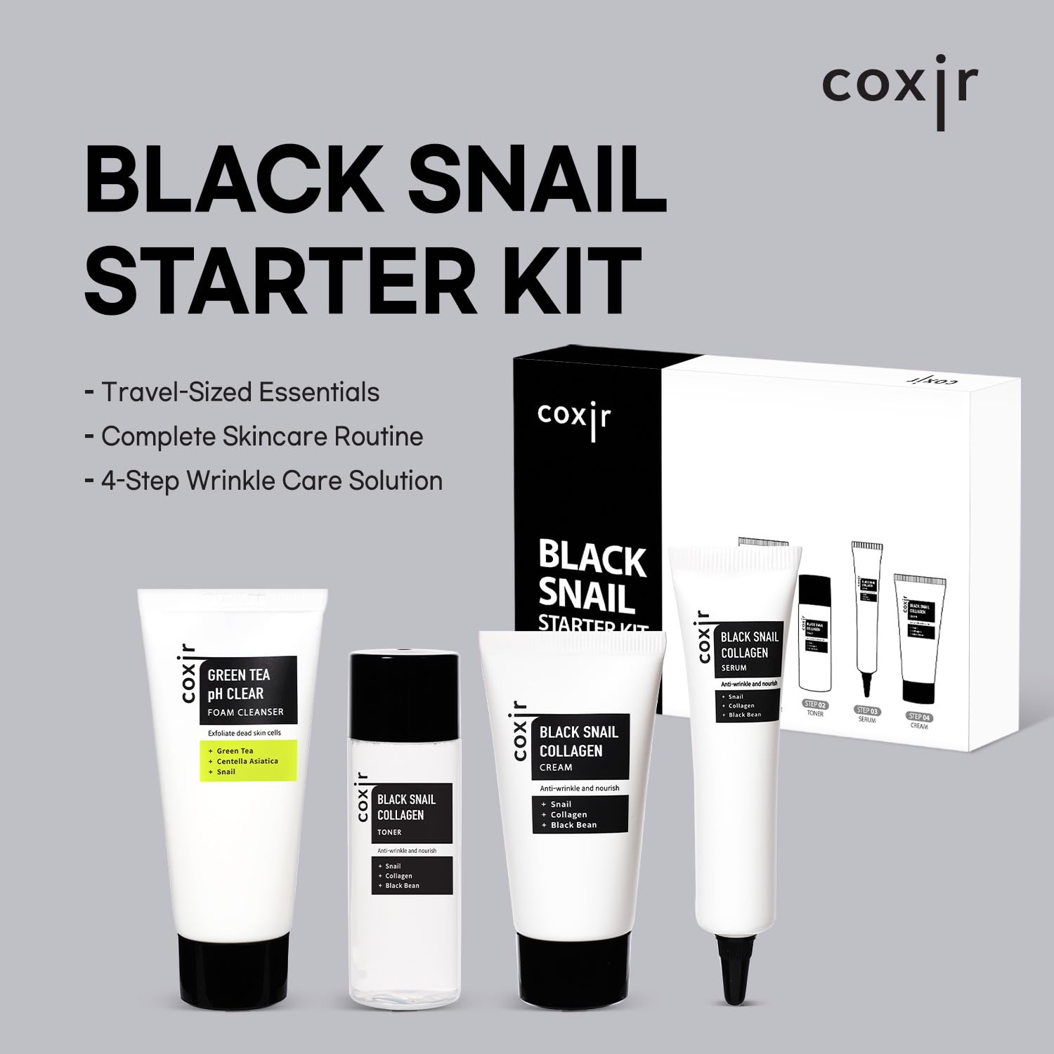 coxir Black Snail Serum dropper—concentrated care for smooth, plump texture.