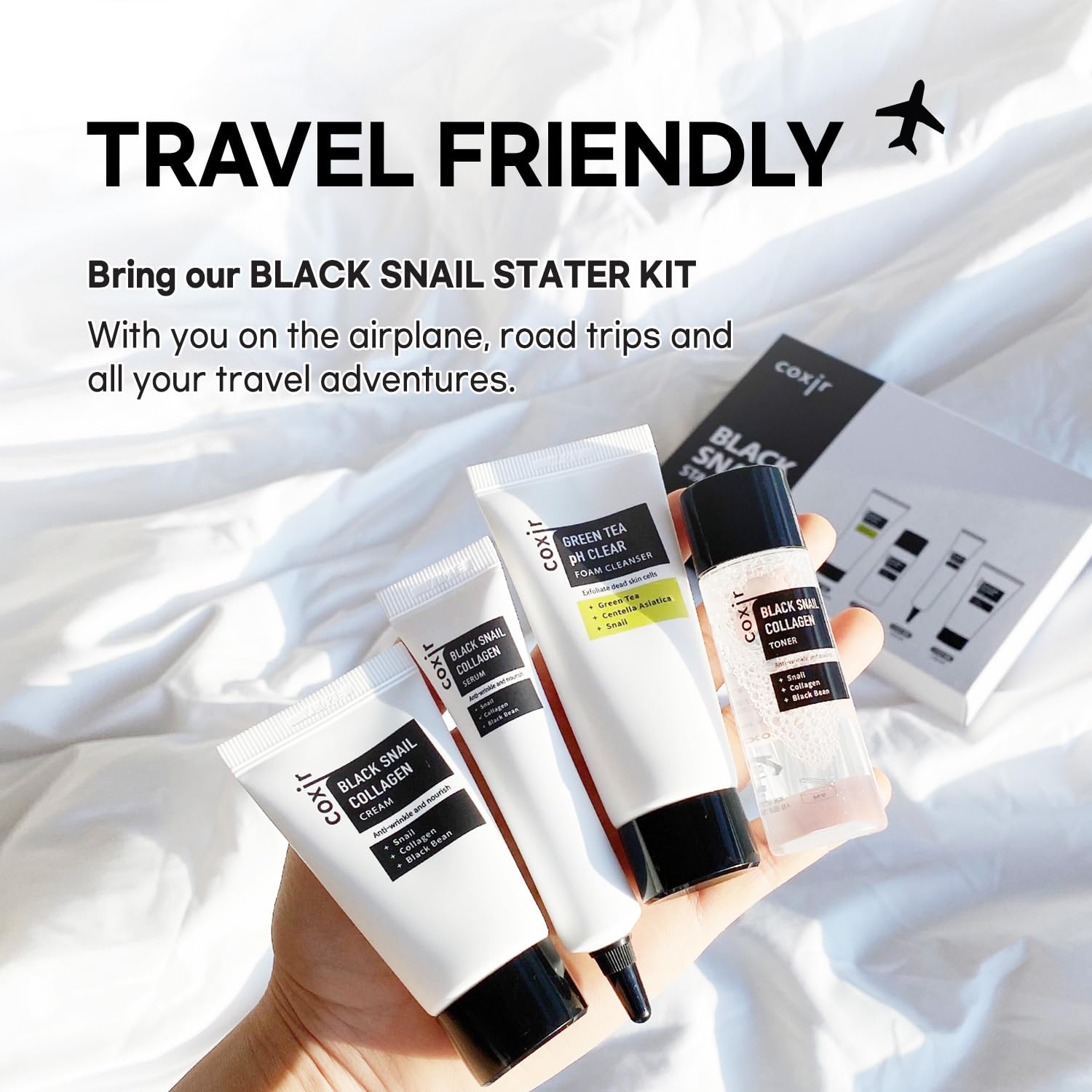 coxir Black Snail Travel-Size Pouch—on-the-go skincare in compact packaging.