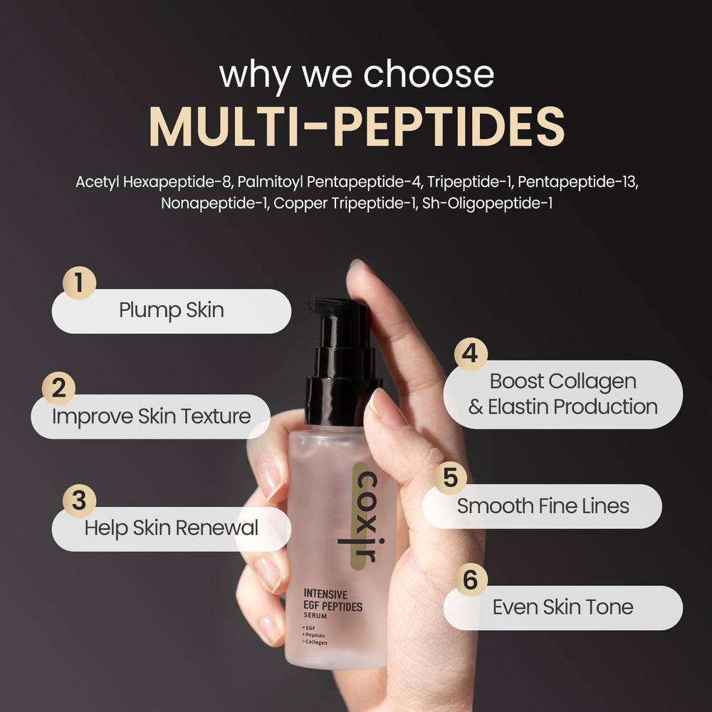 coxir INTENSIVE EGF PEPTIDES SERUM bottle-back label hints at EGF and Niacinamide for even tone.