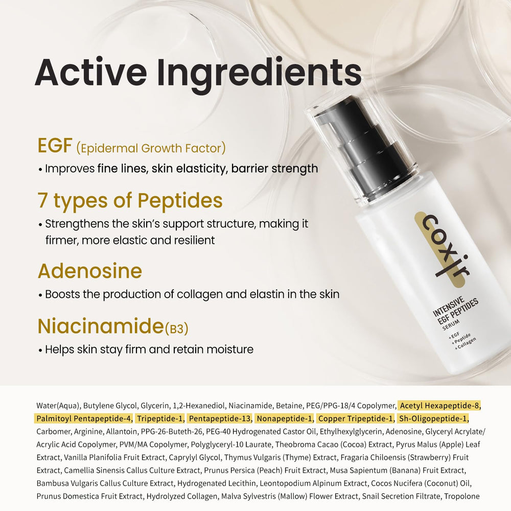 coxir INTENSIVE EGF PEPTIDES SERUM flatlay highlights clean formula suitable for sensitive skin.