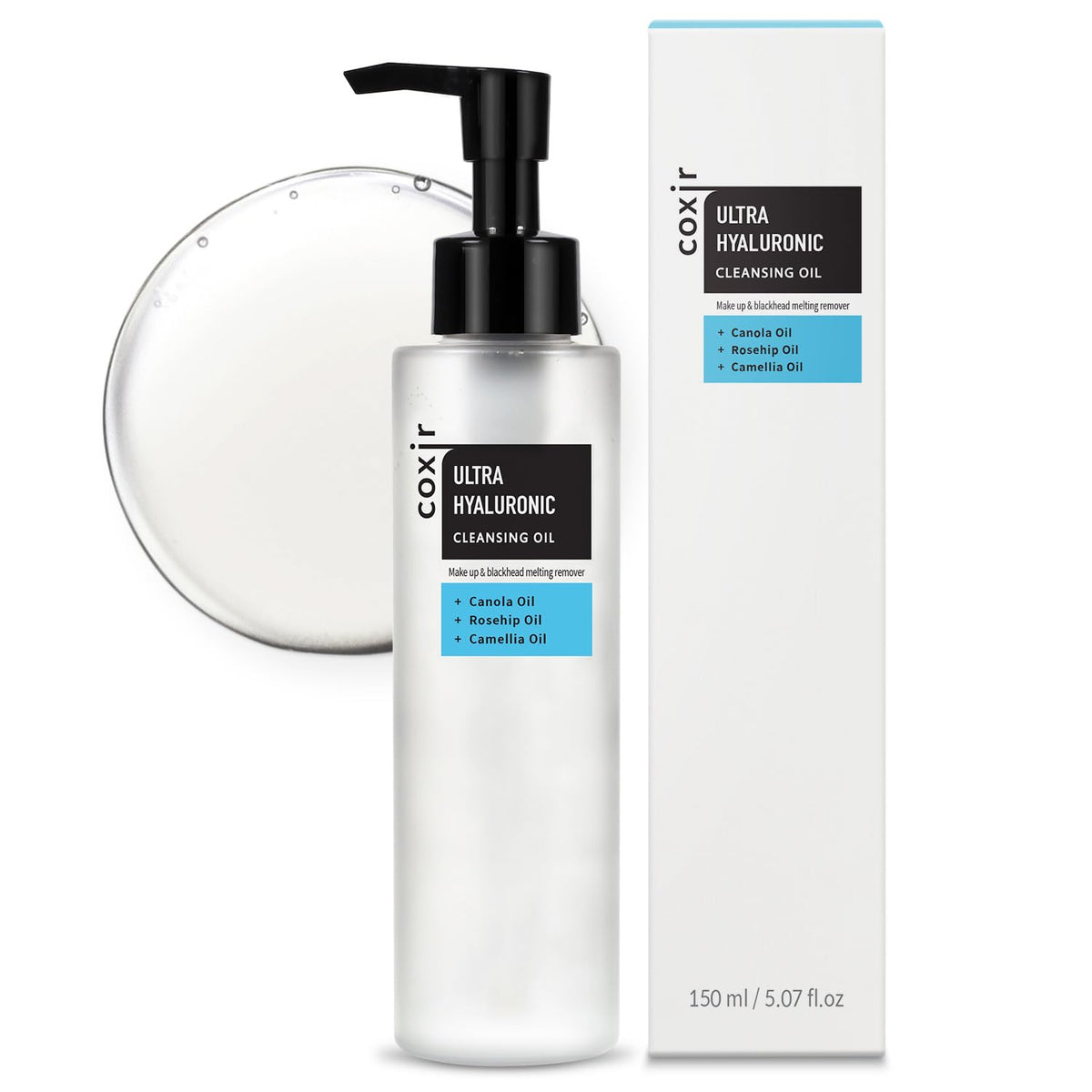 Coxir Ultra Hyaluronic Cleanser bottle pours, showing makeup removal and hydration in one step.