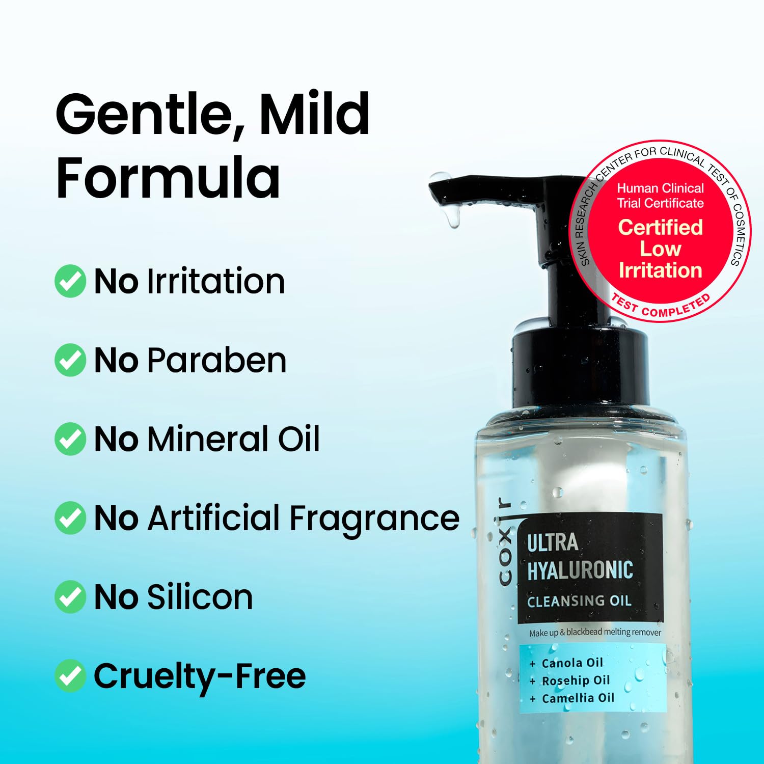 Coxir Ultra Hyaluronic Cleanser highlights layered hyaluronic acids for lasting hydration.