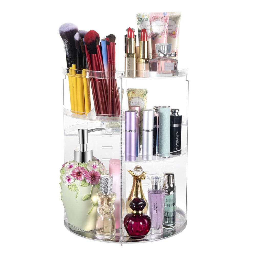 COYAHO 360-rotation makeup organizer provides easy access to cosmetics on a clear surface.