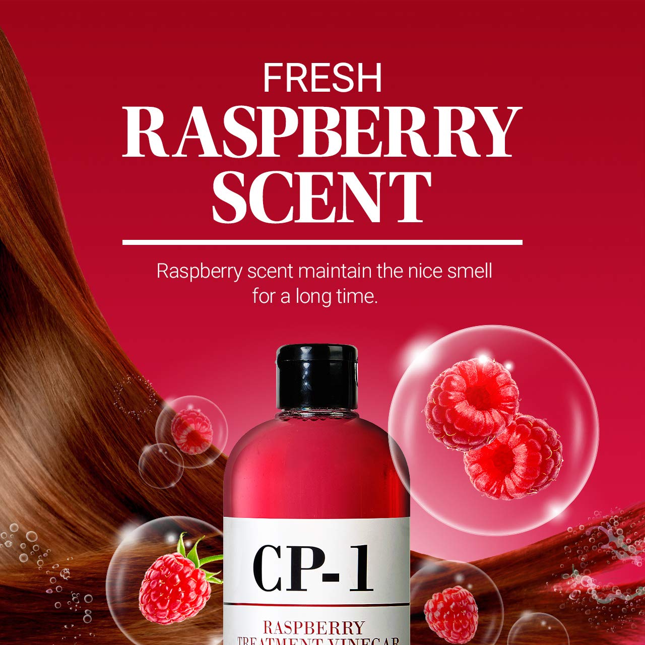 CP-1 Raspberry Treatment Hair Vinegar Rinse label closeup communicates premium ingredients.