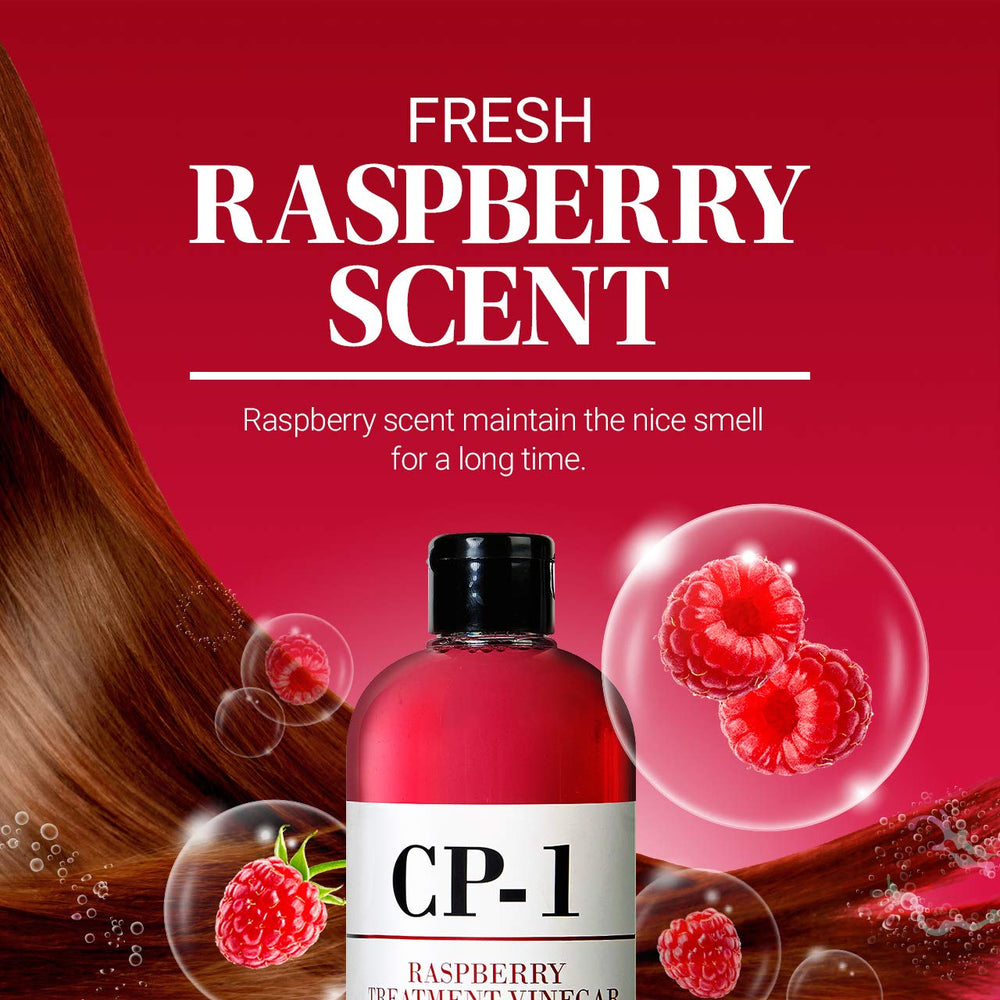 CP-1 Raspberry Treatment Hair Vinegar Rinse label closeup communicates premium ingredients.