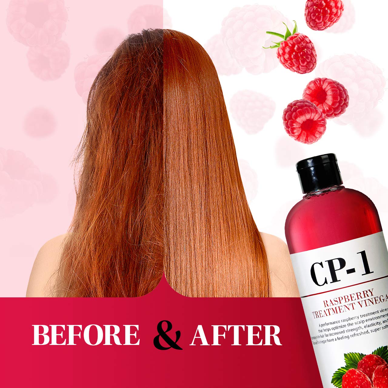 CP-1 Raspberry Treatment Hair Vinegar Rinse scalp closeup highlights clarifying roots and raspberry aroma.