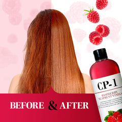 CP-1 Raspberry Treatment Hair Vinegar Rinse scalp closeup highlights clarifying roots and raspberry aroma.
