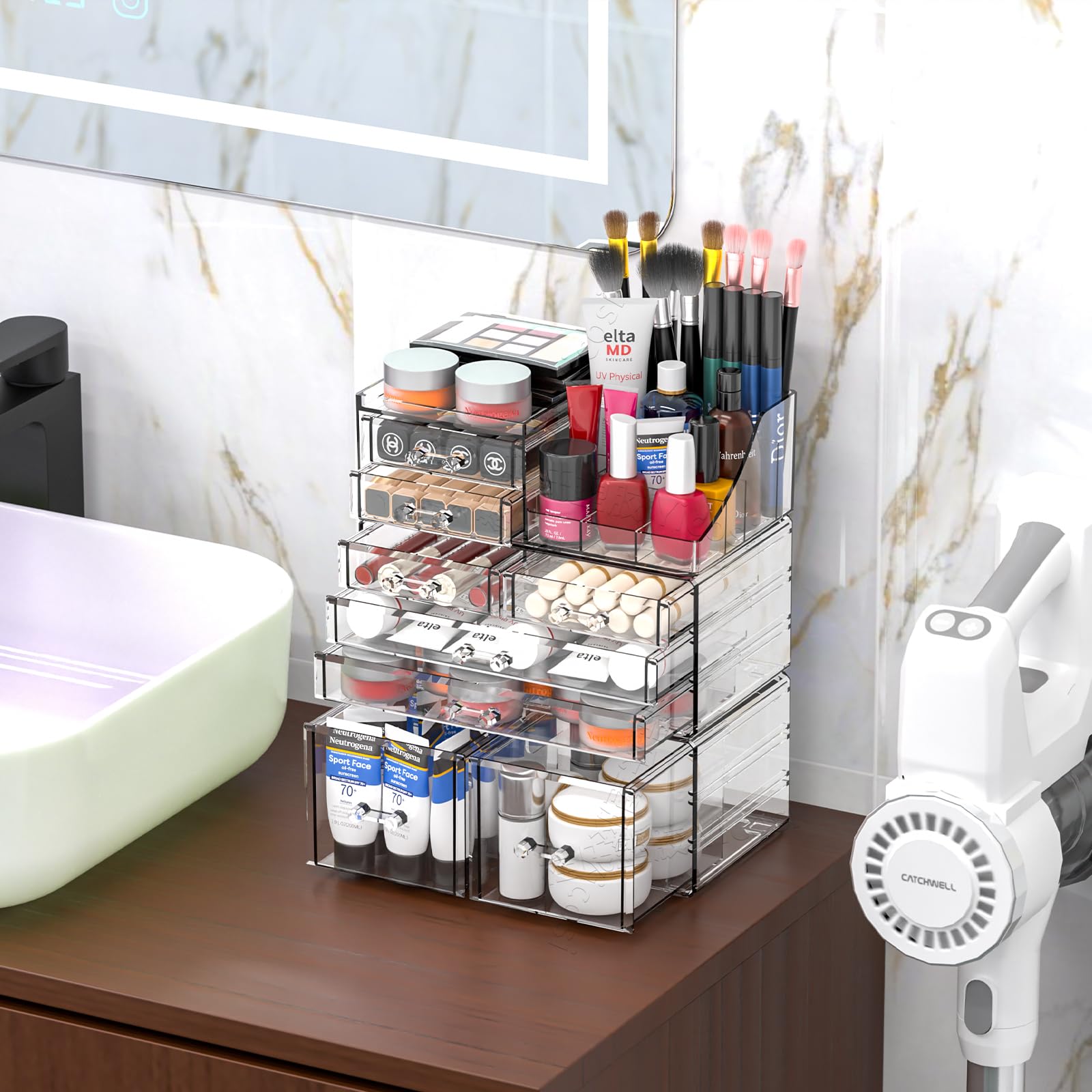 Cq acrylic bathroom counter organizer withstands damp spaces for daily use.