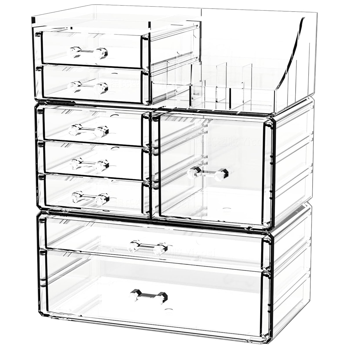 CQ Acrylic clear makeup organizer on countertop offers crystal-clear visibility.