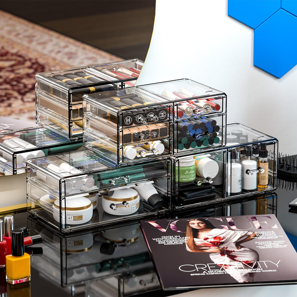 CQ Acrylic Clear Stackable Drawers open drawer reveals easy access to cosmetics.