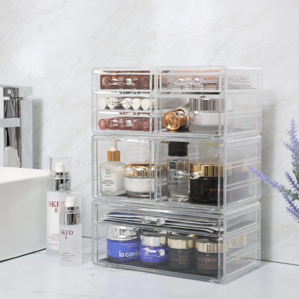 CQ Acrylic Clear Stackable Drawers store cosmetics neatly with palettes and lipsticks.