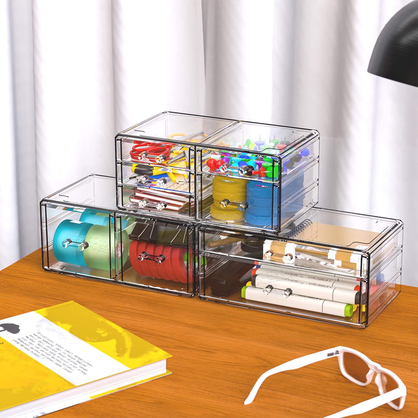 CQ Acrylic Clear Stackable Drawers on an office desk for stationery organization.