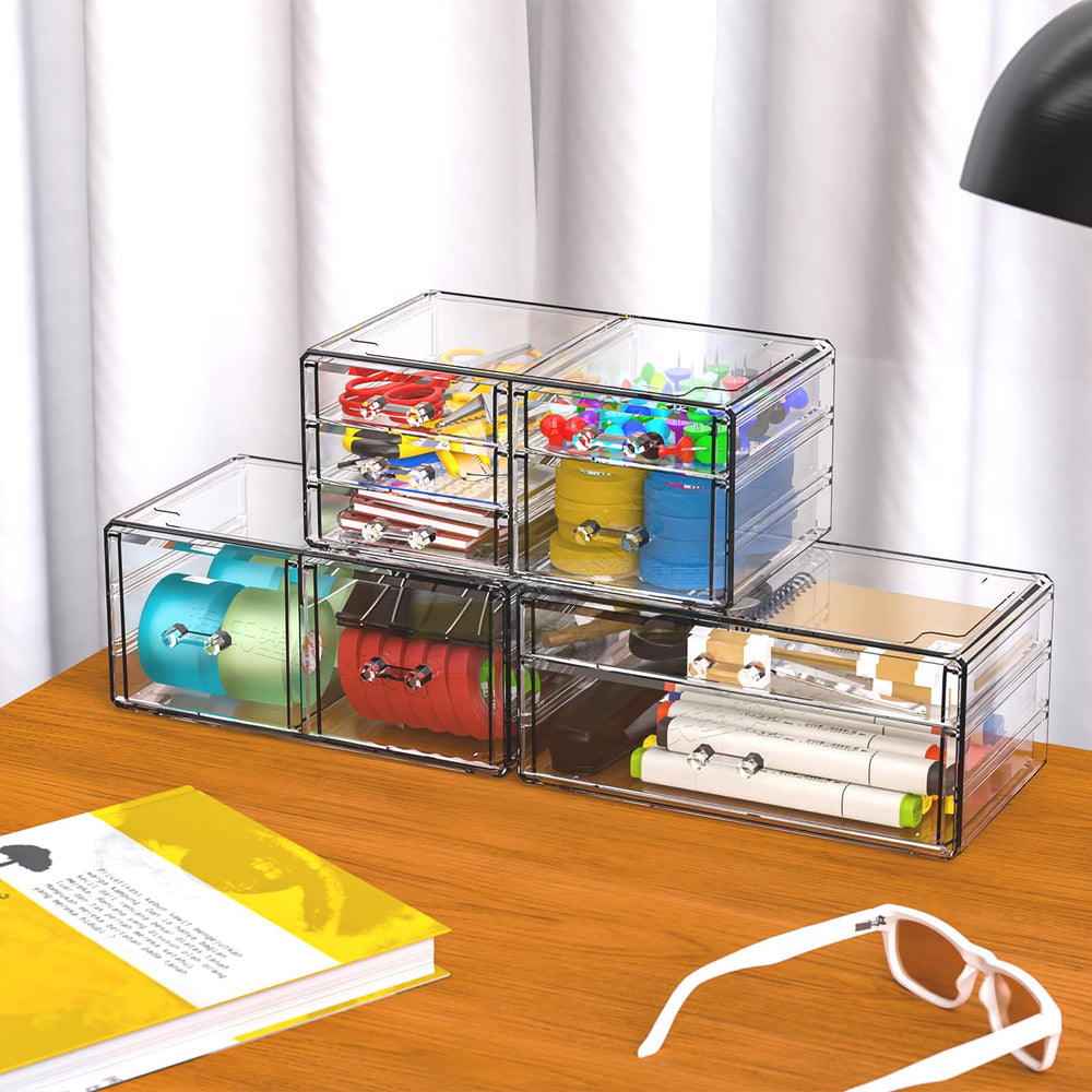 CQ Acrylic Clear Stackable Drawers on an office desk for stationery organization.