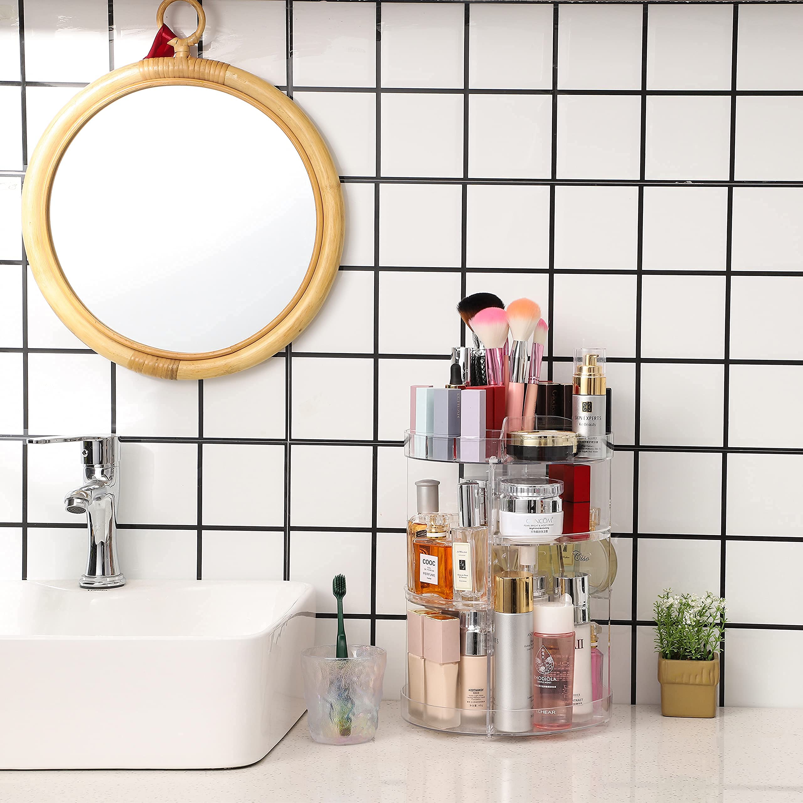 cq acrylic clear-vanity-bathroom-multi-function rotates for compact countertop use