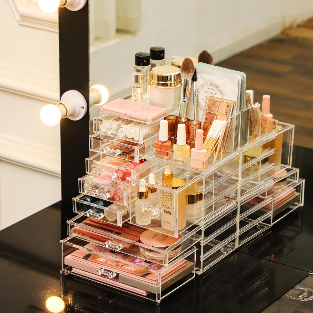 CQ Acrylic clear organizer dividers keep vanity tidy.
