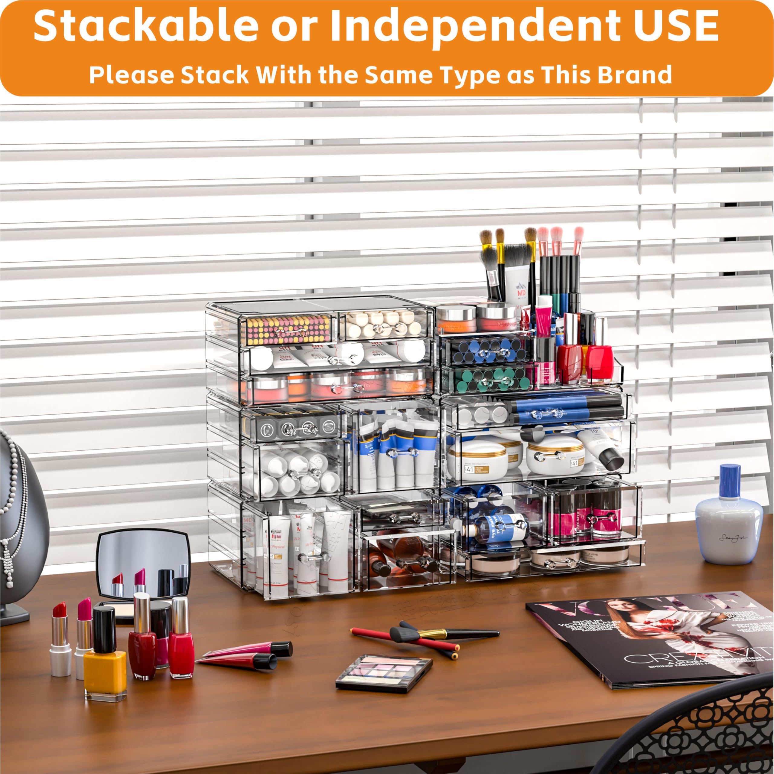 Cq acrylic makeup brush and lipstick storage keeps tools within reach.