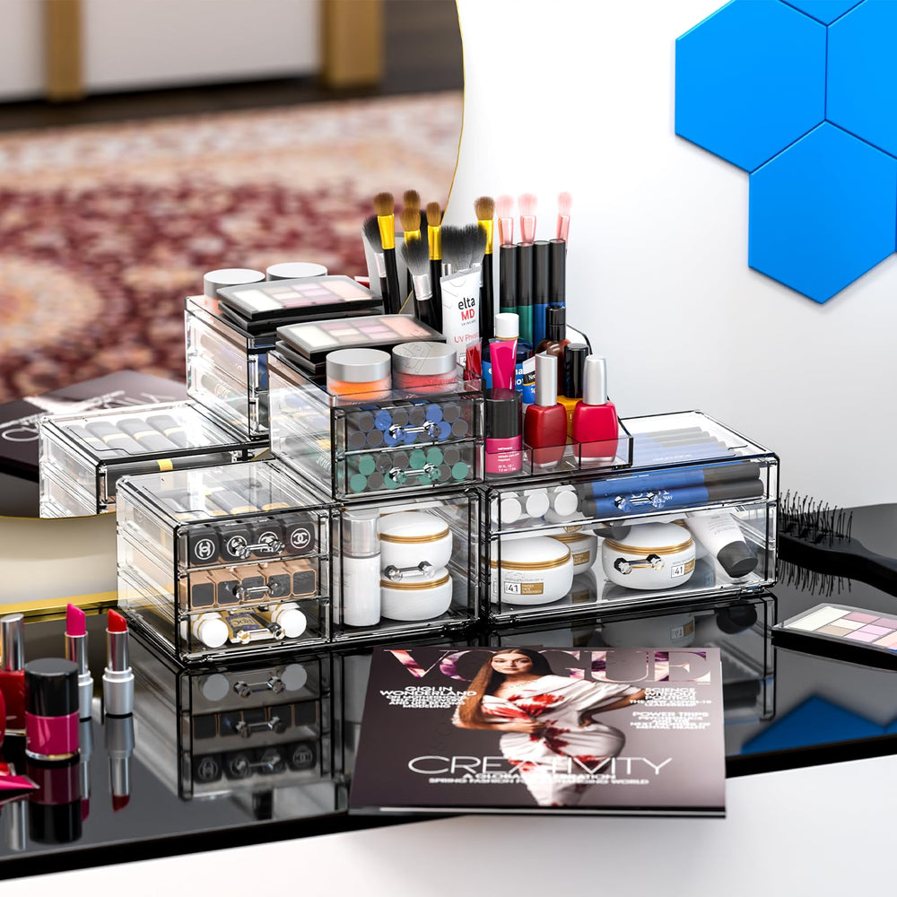CQ Acrylic 9-drawer vanity stores cosmetics and skincare neatly.