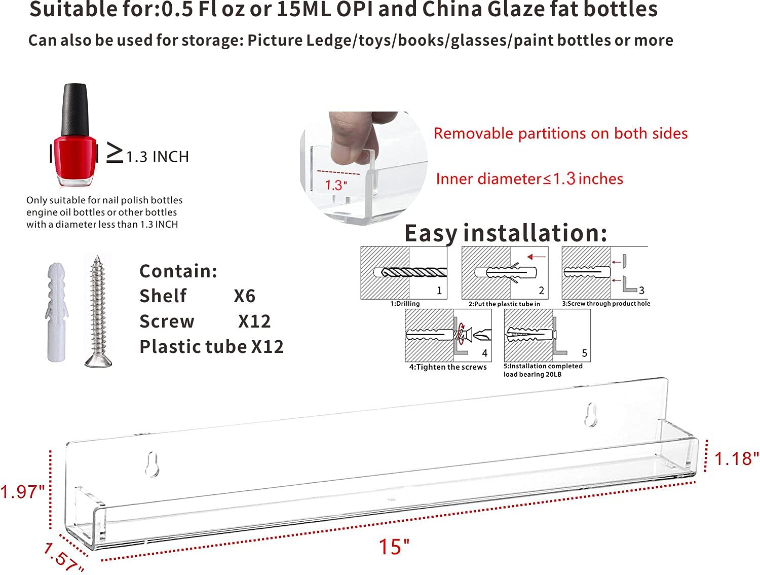 Cq acrylic nail shelves clear acrylic material shown for transparent, space-saving display