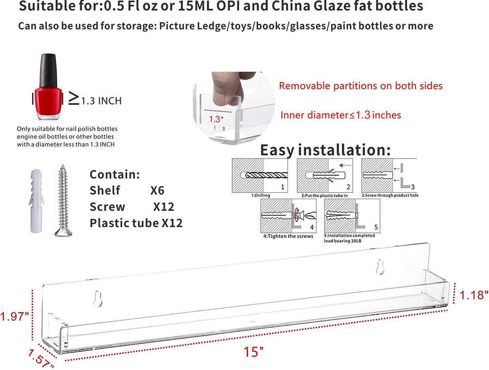 Cq acrylic nail shelves clear acrylic material shown for transparent, space-saving display