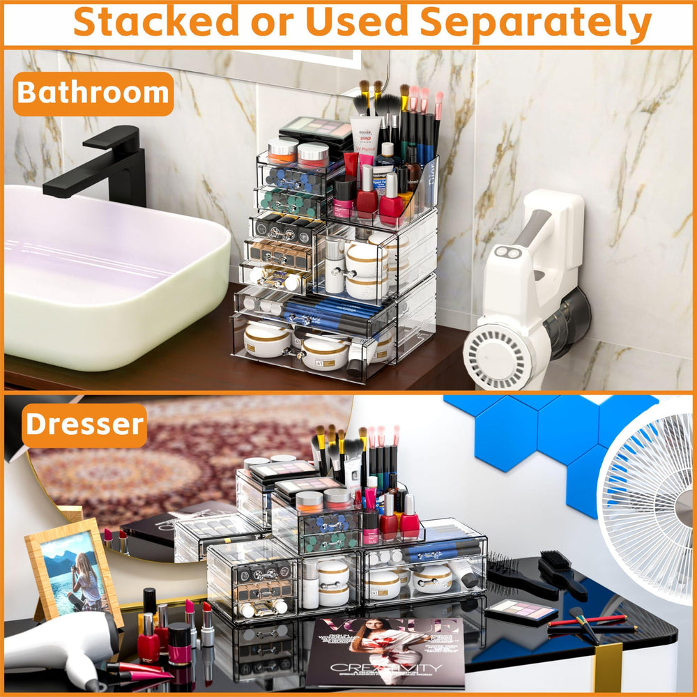 CQ Acrylic top compartments hold palettes and lipsticks at a glance.