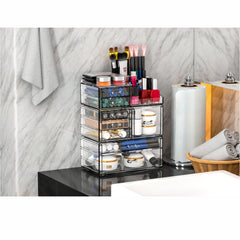 CQ Acrylic stackable drawers maximize vanity storage and keep items accessible.