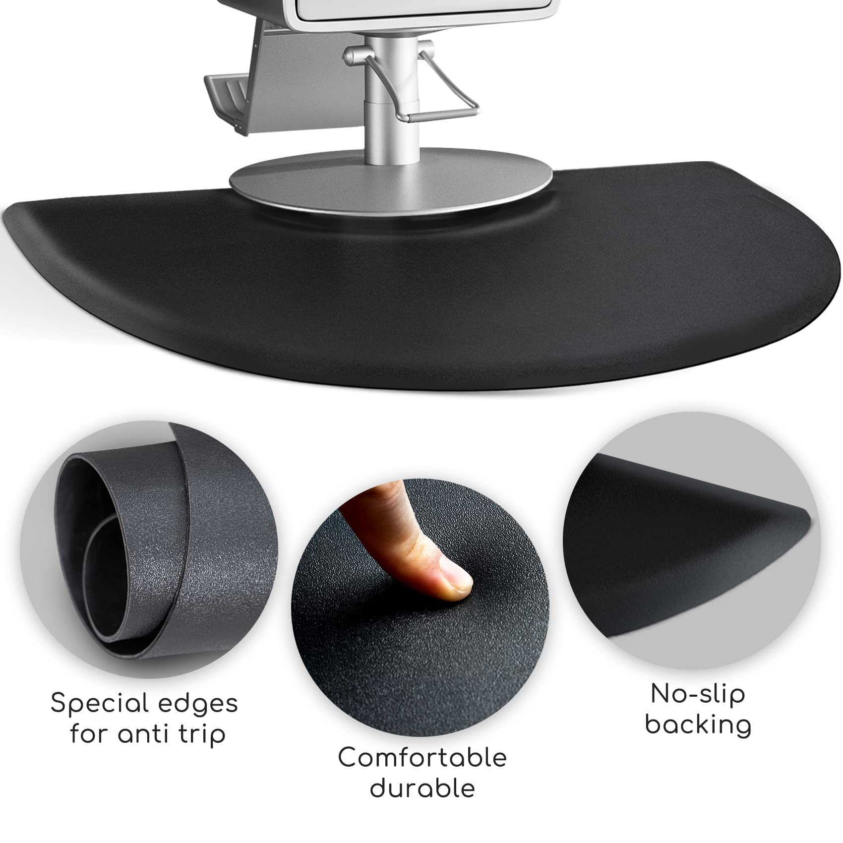Crablux salon mat under chair shows durability for high heel use.