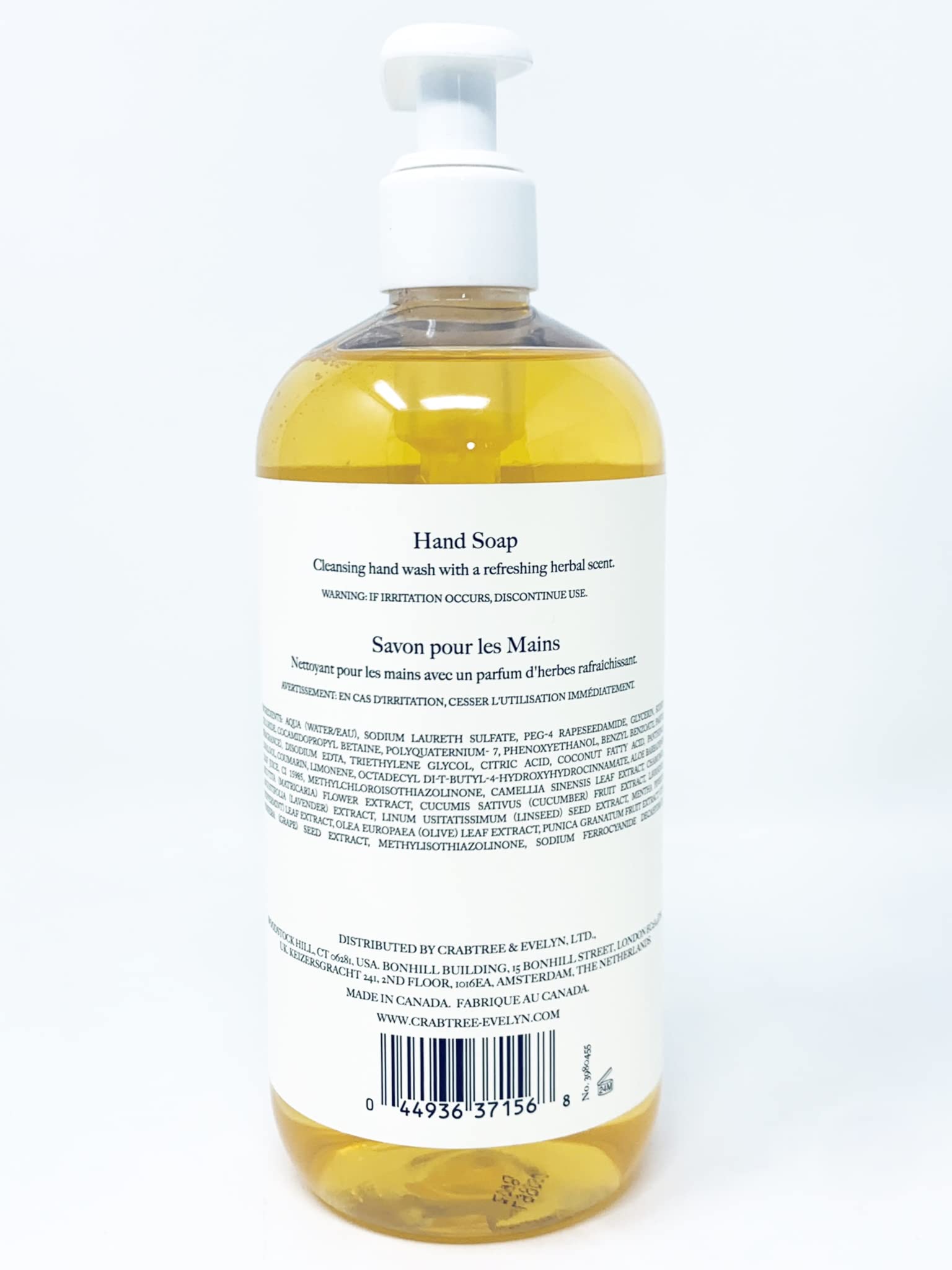 Crabtree & Evelyn Gardeners Hand Soap label closeup shows herbal ingredients.