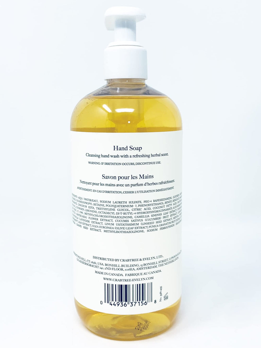 Crabtree & Evelyn Gardeners Hand Soap label closeup shows herbal ingredients.