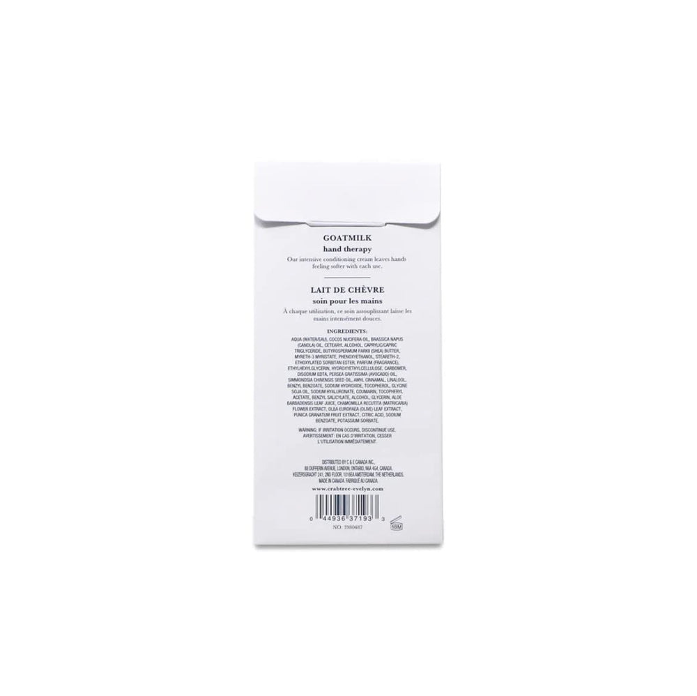 Crabtree & Evelyn Goat Milk Hand Therapy Cream ingredients panel hints at nourishing botanicals