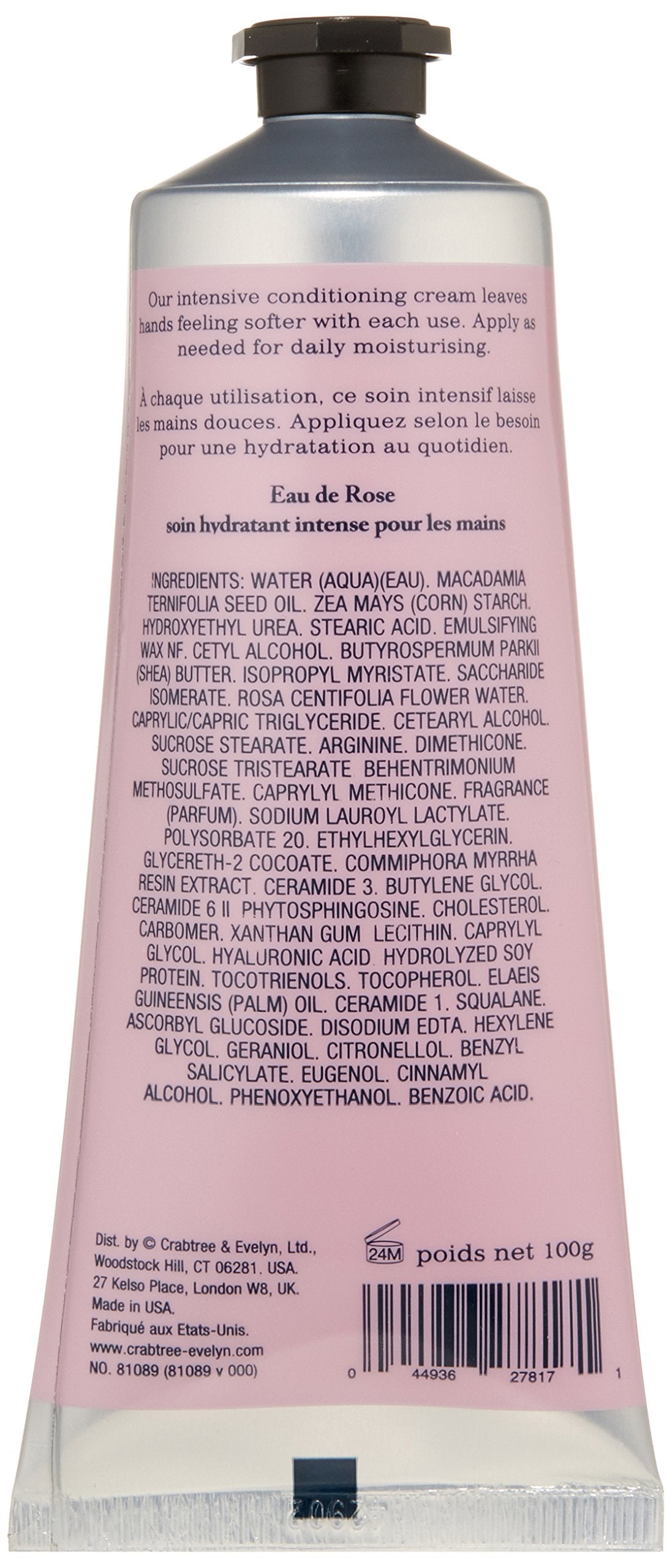 Crabtree & Evelyn Rosewater Hand Therapy ingredient panel highlights shea butter and macadamia oil.