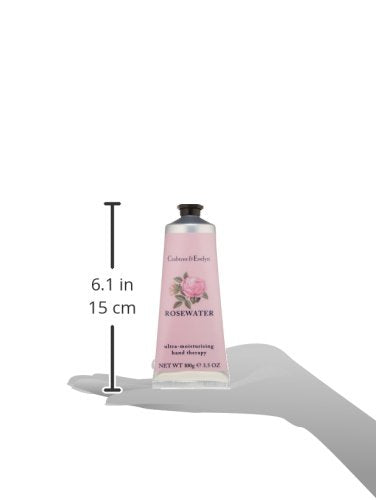Crabtree & Evelyn Rosewater Hand Therapy on vanity evokes spa-like scent and daily care.