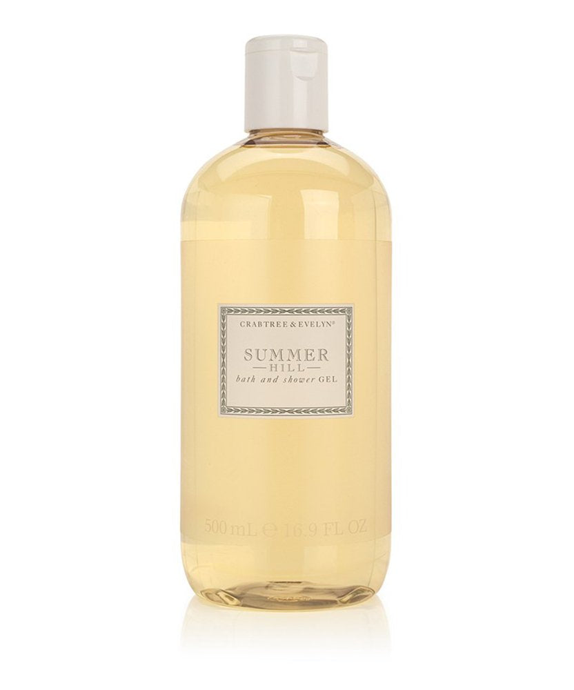 Crabtree & Evelyn Summer Hill bath gel bottle provides moisturizing cleanse for daily freshness.